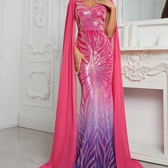 Multicolor Random Print, Cloak, Sequined, Mesh Mermaid Maxi gown - Picture 6 of 11